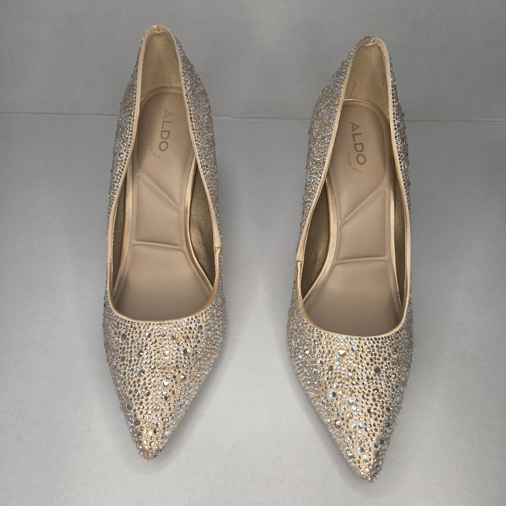 ALDO Stessy2 Crystal Embellished Pointed Toe Stiletto Pumps Champagne Nude Heels - Picture 3 of 13